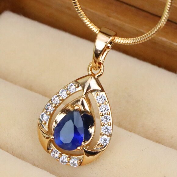 "Blue Pear-Shaped Pendant with Sparkling Stone Accents – Elegant Look,XPPT1801 - Picture 1 of 13